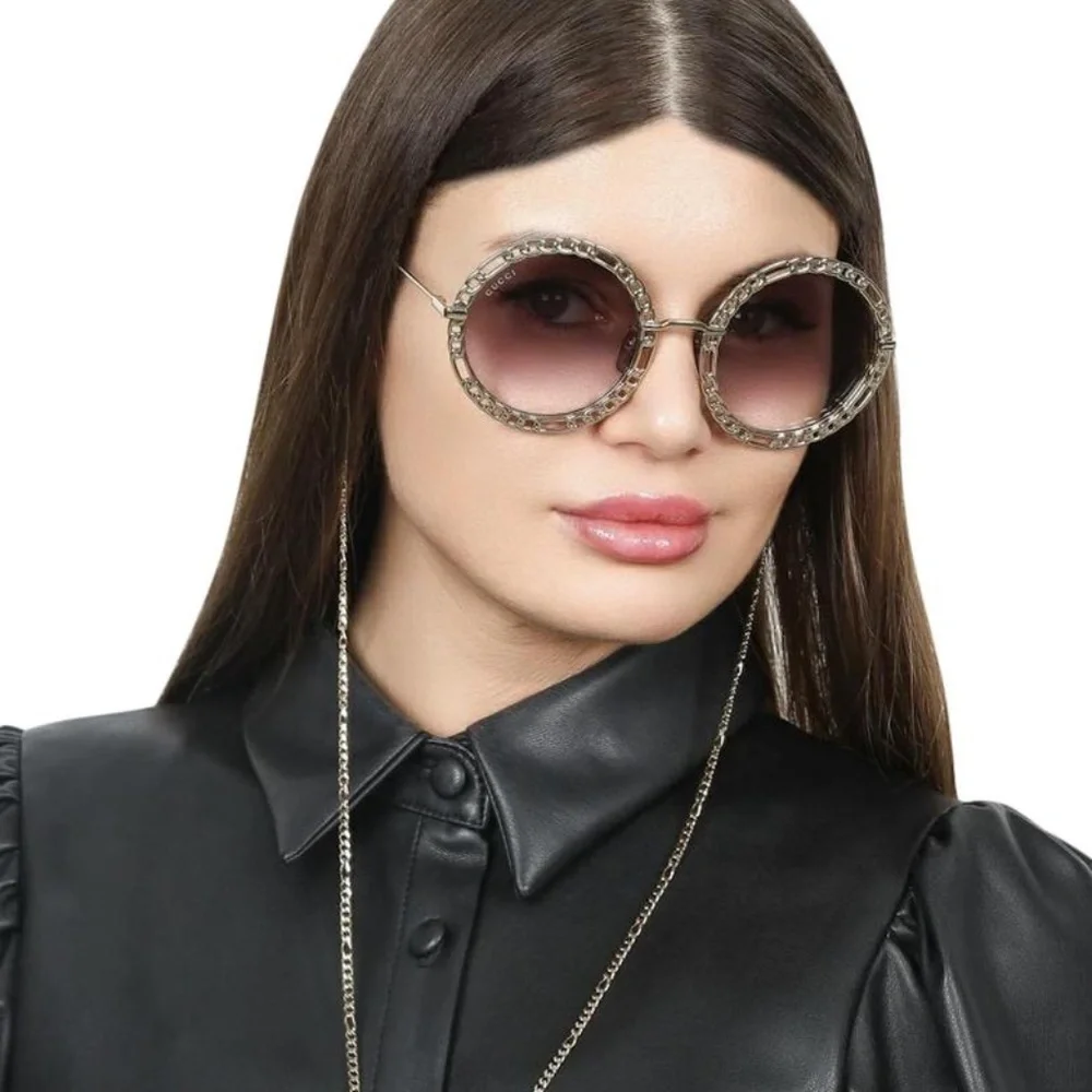 NWT Gucci GG1113S-002 Chain Gold Round 53mm Sunglasses
